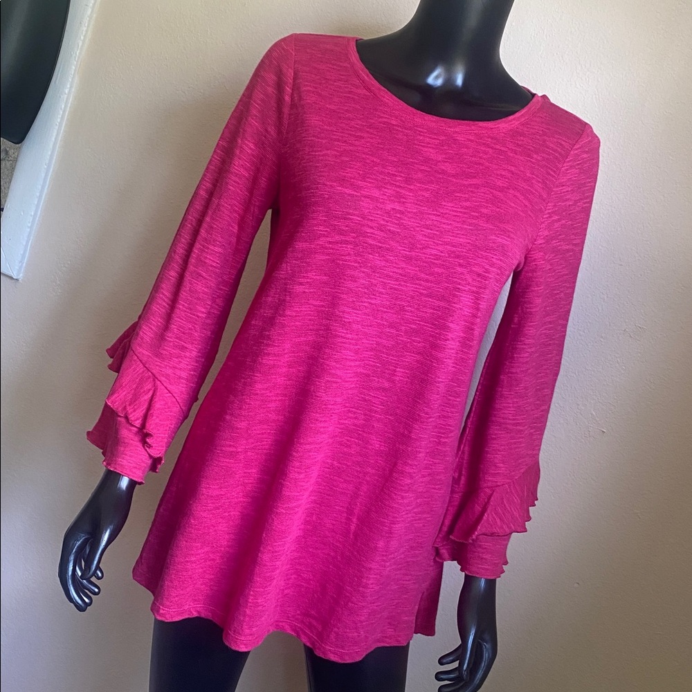 Soft Surroundings Raspberry Sangria Linen Blend Ruffle Long Sleeve Tunic